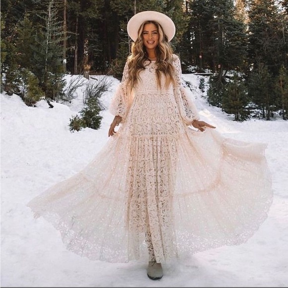 Joyfolie Dresses & Skirts - Joyfolie Bohemian Lace Maxi Dress in Cream - Women